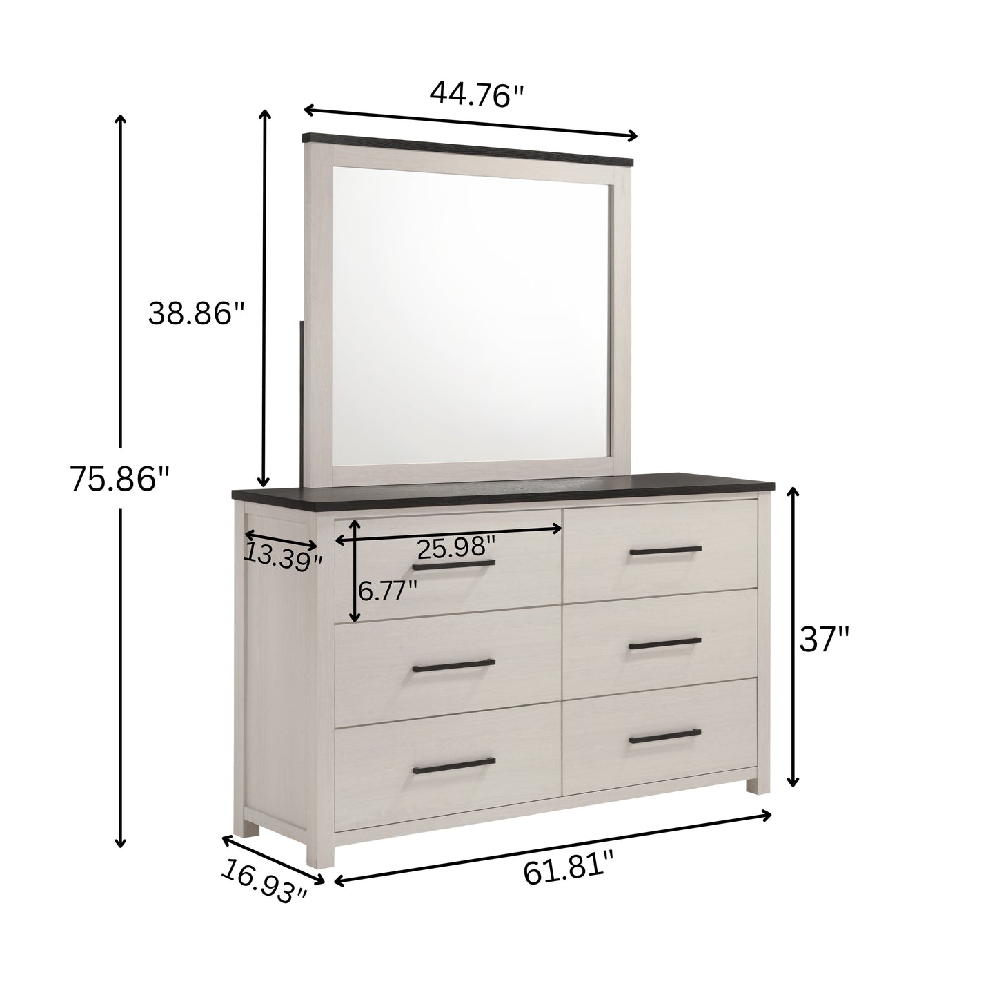 Roundhill Furniture Realynn 6-Drawer Bedroom Dresser with Mirror, Off-White Finish