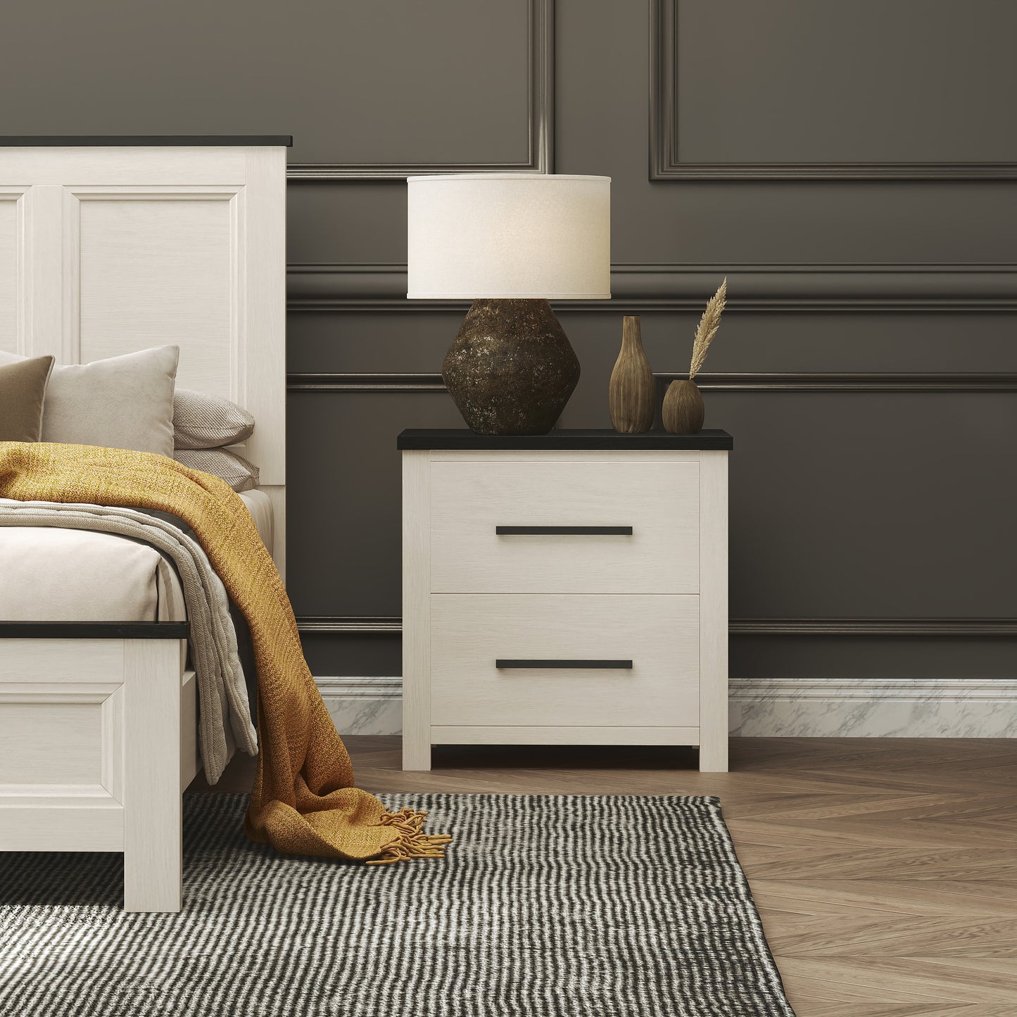 Roundhill Furniture Realynn 2-Drawer Bedroom Nightstand, Off-White Finish