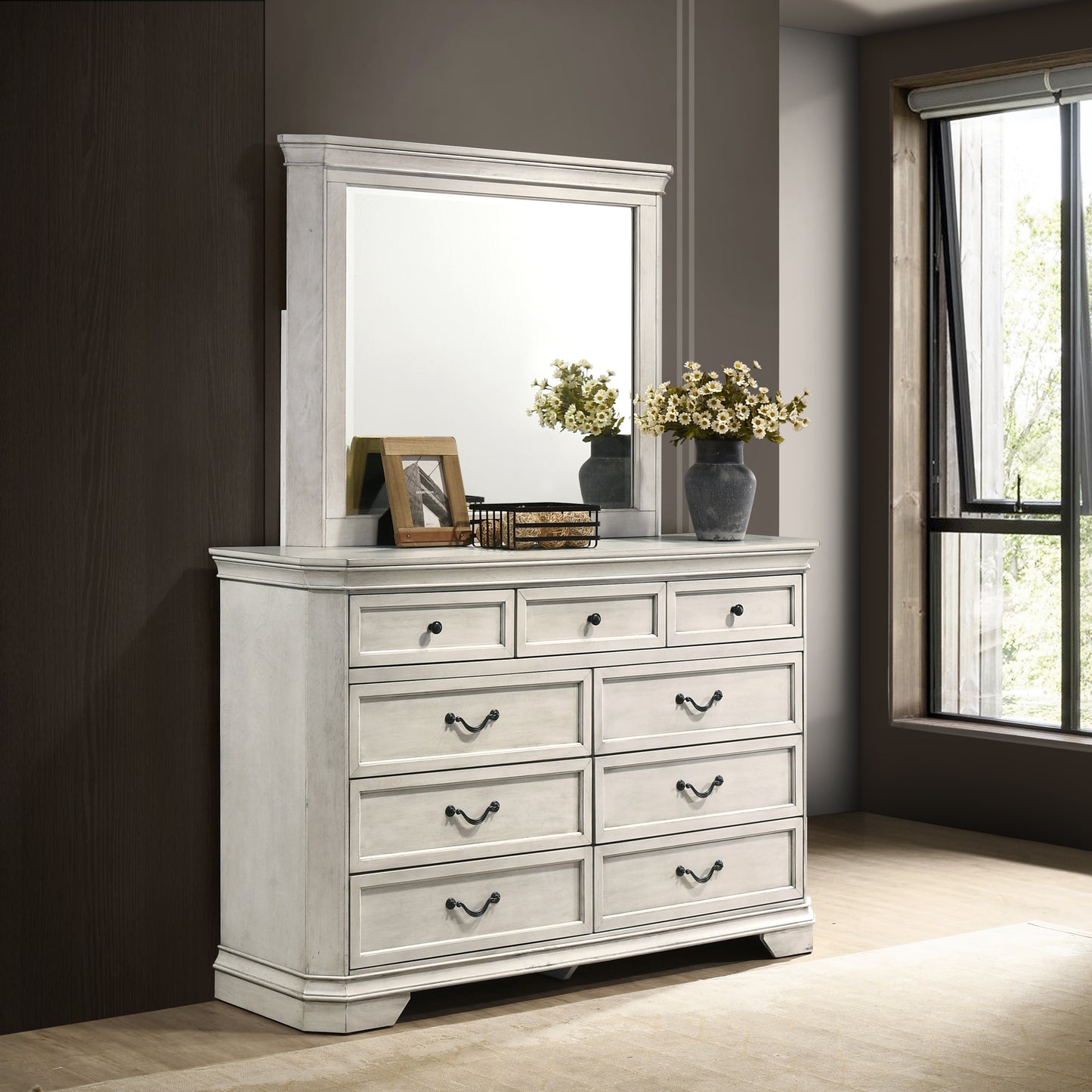 Tabner Maderne Traditional Wood 9-Drawer Dresser with Mirror