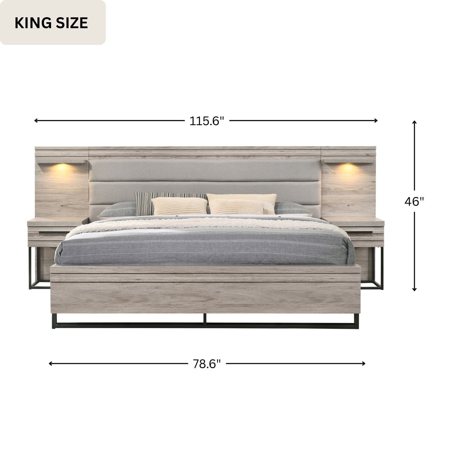 Alvear Upholstered Wood Wallbed Bed Collection with White LED Lights, Weathered Gray