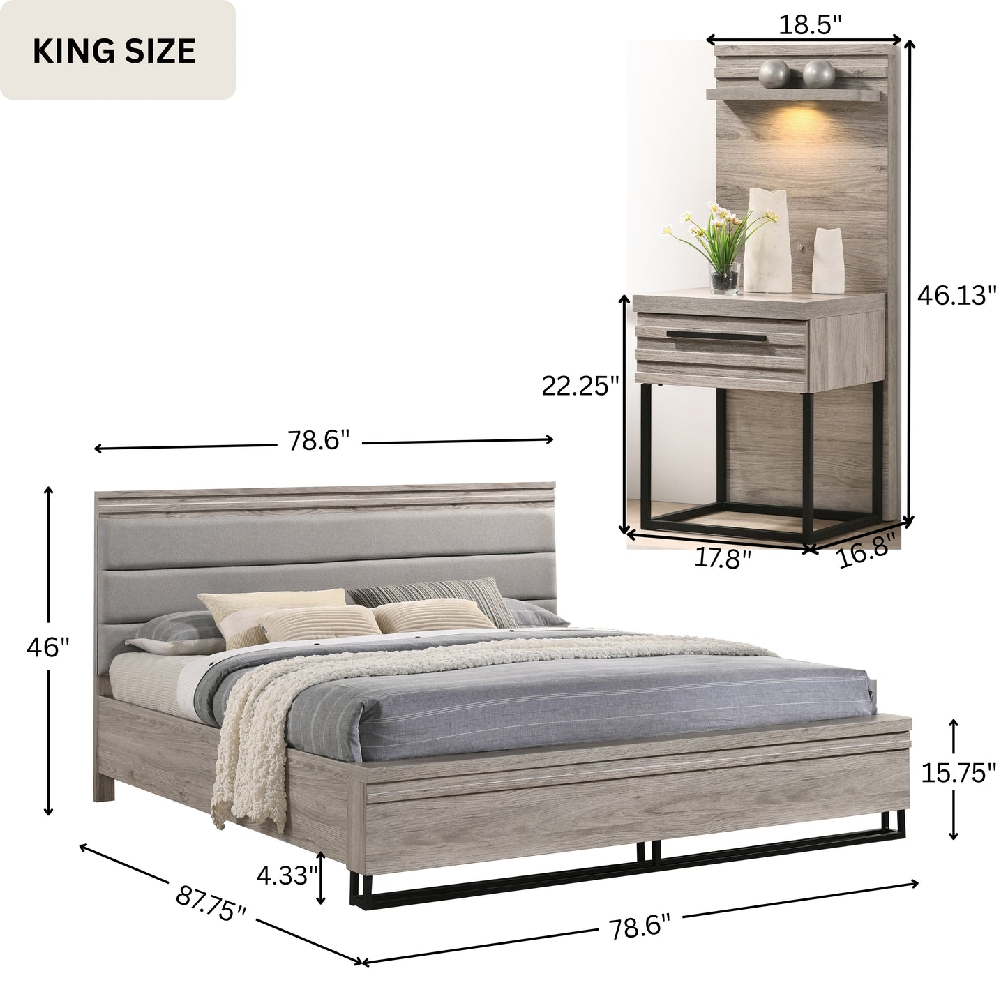 Alvear Upholstered Wood Wallbed Bed Collection with White LED Lights, Weathered Gray