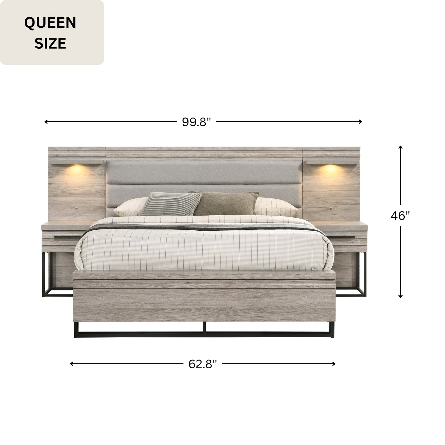 Alvear Upholstered Wood Wallbed Bed Collection with White LED Lights, Weathered Gray