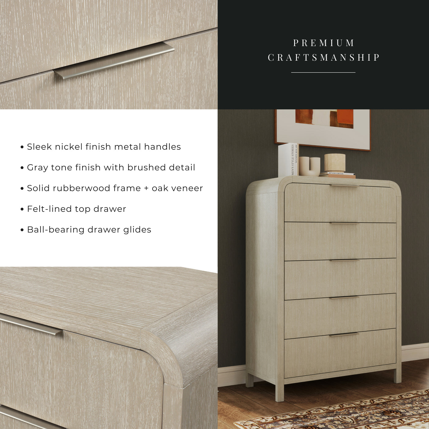 Roundhill Furniture Tavari Contemporary 5-Drawer Wood Chest, Light Gray