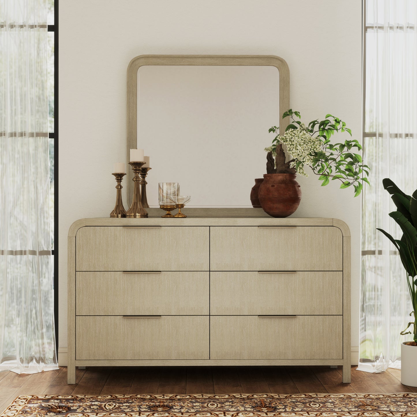 Roundhill Furniture Tavari Contemporary 6-Drawer Wood Dresser with Mirror, Light Gray