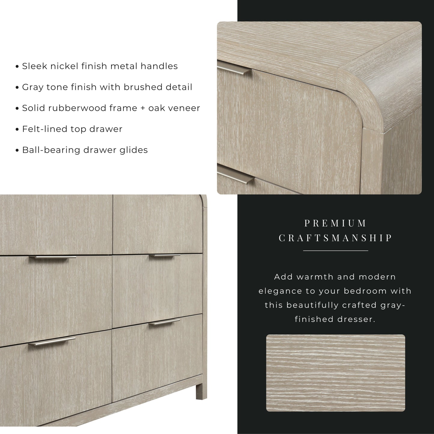 Roundhill Furniture Tavari Contemporary 6-Drawer Wood Dresser with Mirror, Light Gray