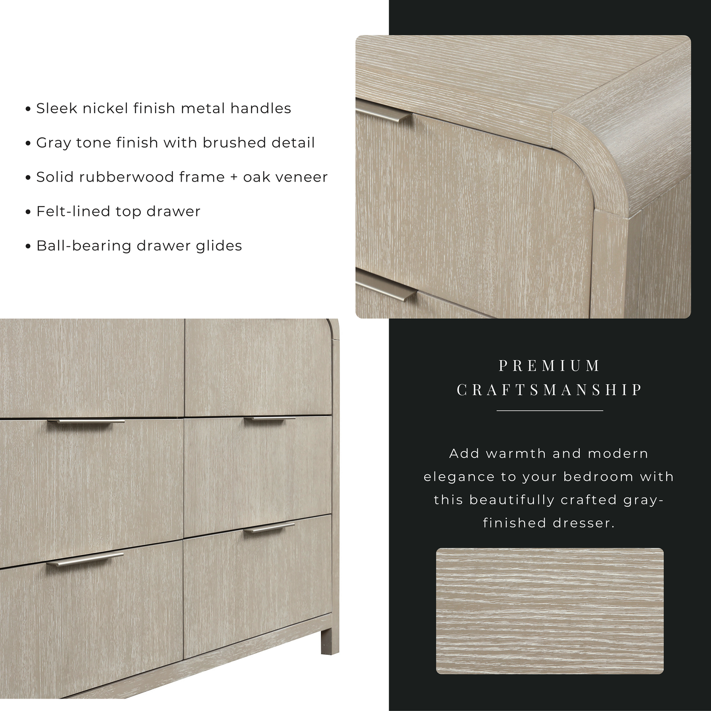 Roundhill Furniture Tavari Contemporary 6-Drawer Wood Dresser, Light Gray