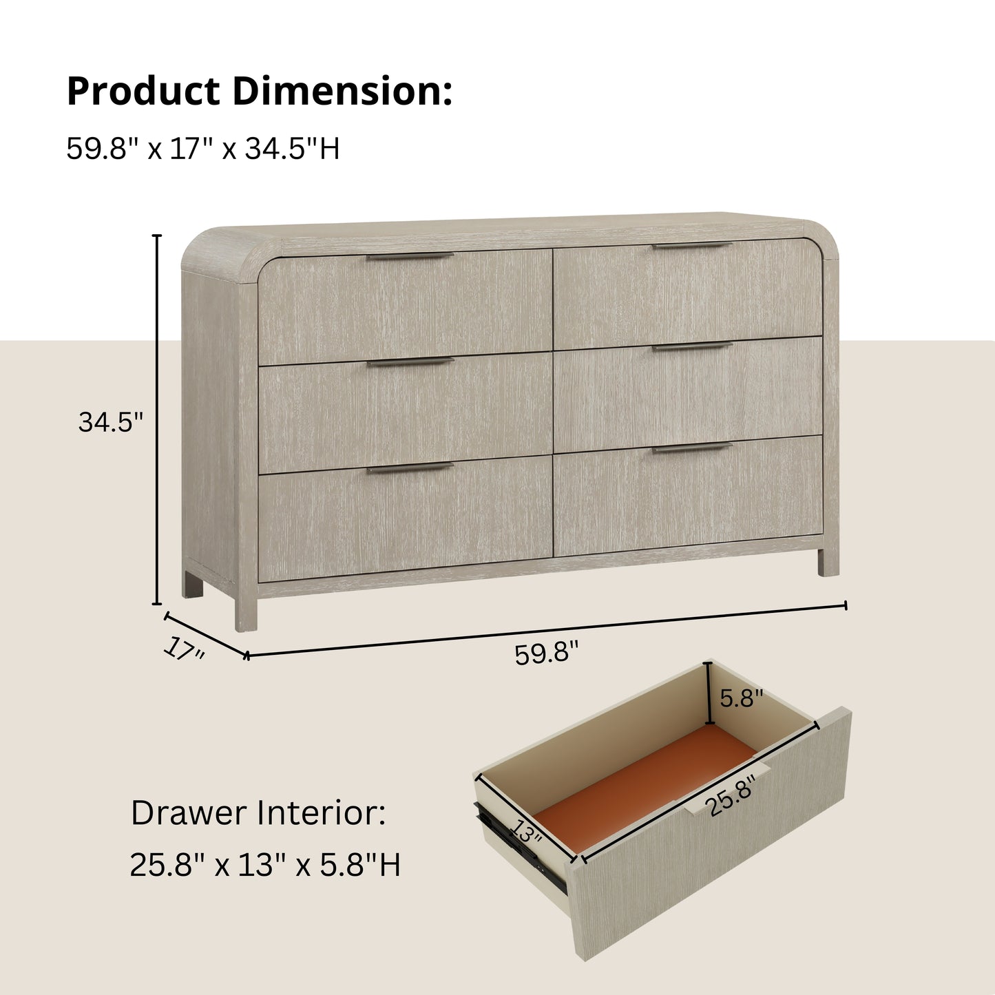 Roundhill Furniture Tavari Contemporary 6-Drawer Wood Dresser, Light Gray