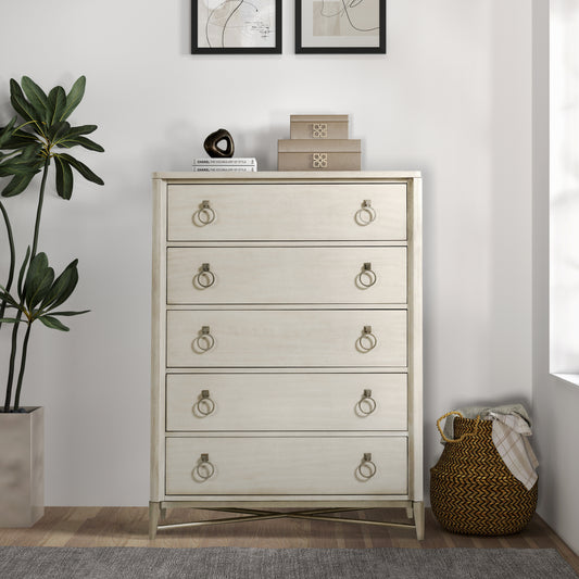 Mantalia Solid Wood 5-Drawer Chest with Metal Frame, Champagne