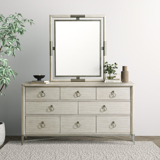 Mantalia Solid Wood 8-Drawer Dresser and Mirror with Metal Frame, Champagne