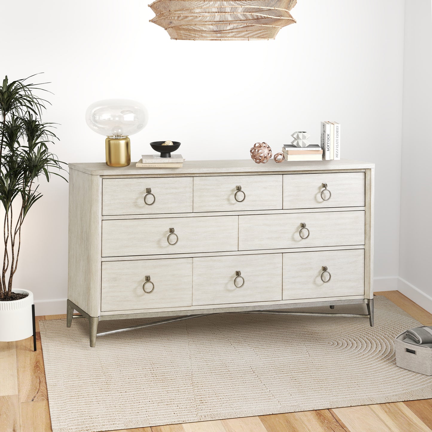 Mantalia Solid Wood 8-Drawer Dresser with Metal Frame, Champagne