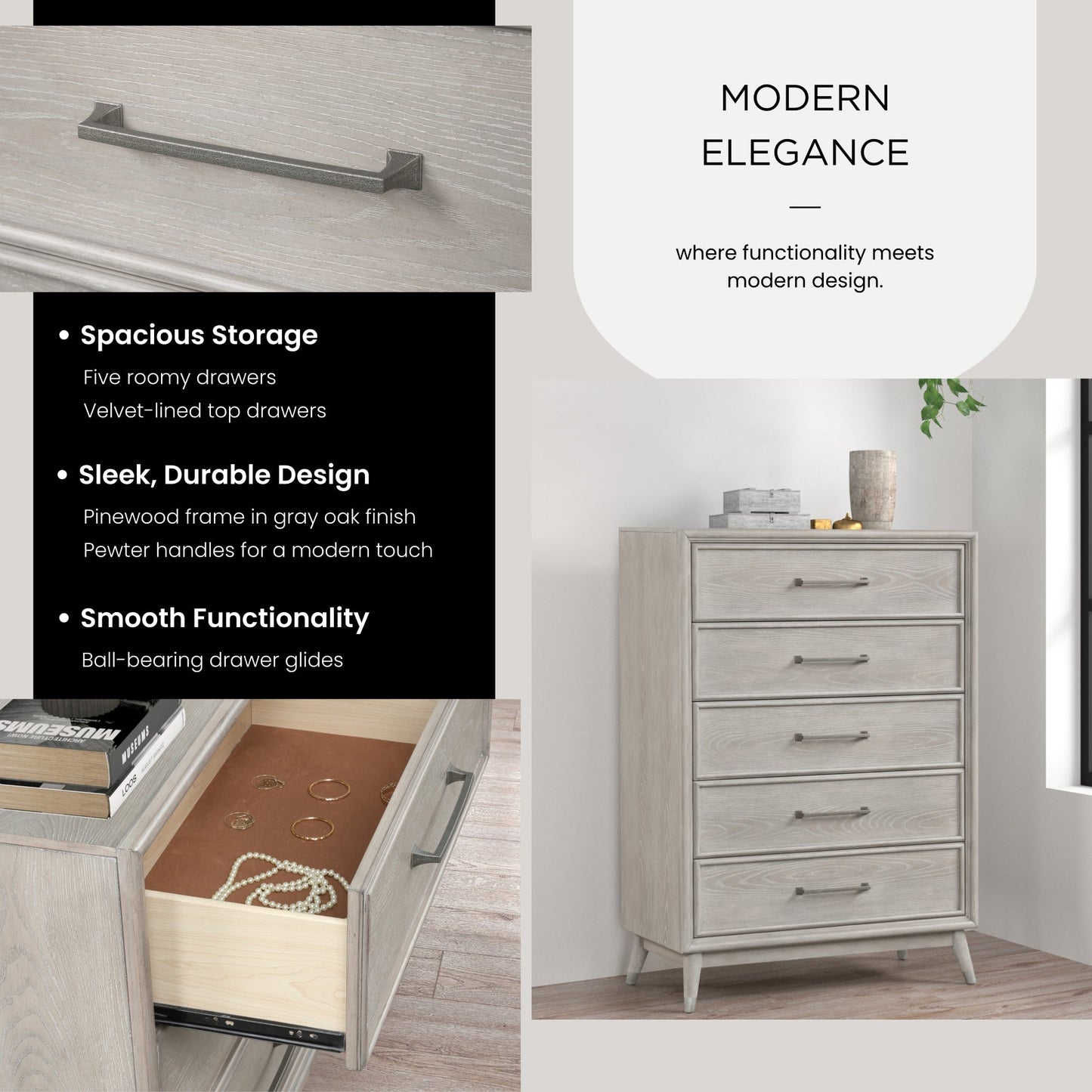 Roundhill Furniture Seluna 5-Drawer Bedroom Chest, Gray Oak Finish