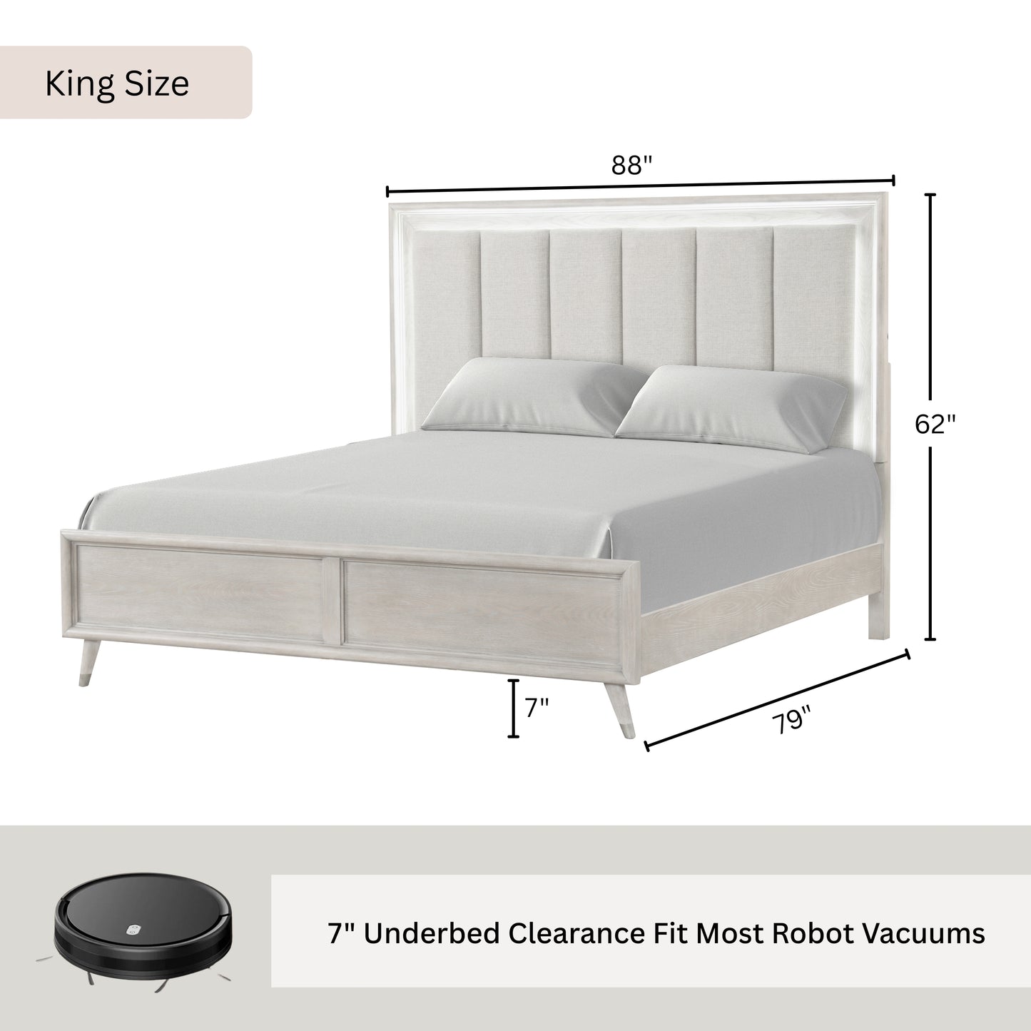 Roundhill Furniture Seluna LED Lighting Panel Bed, Upholstered Headbord, Gray Oak Finish