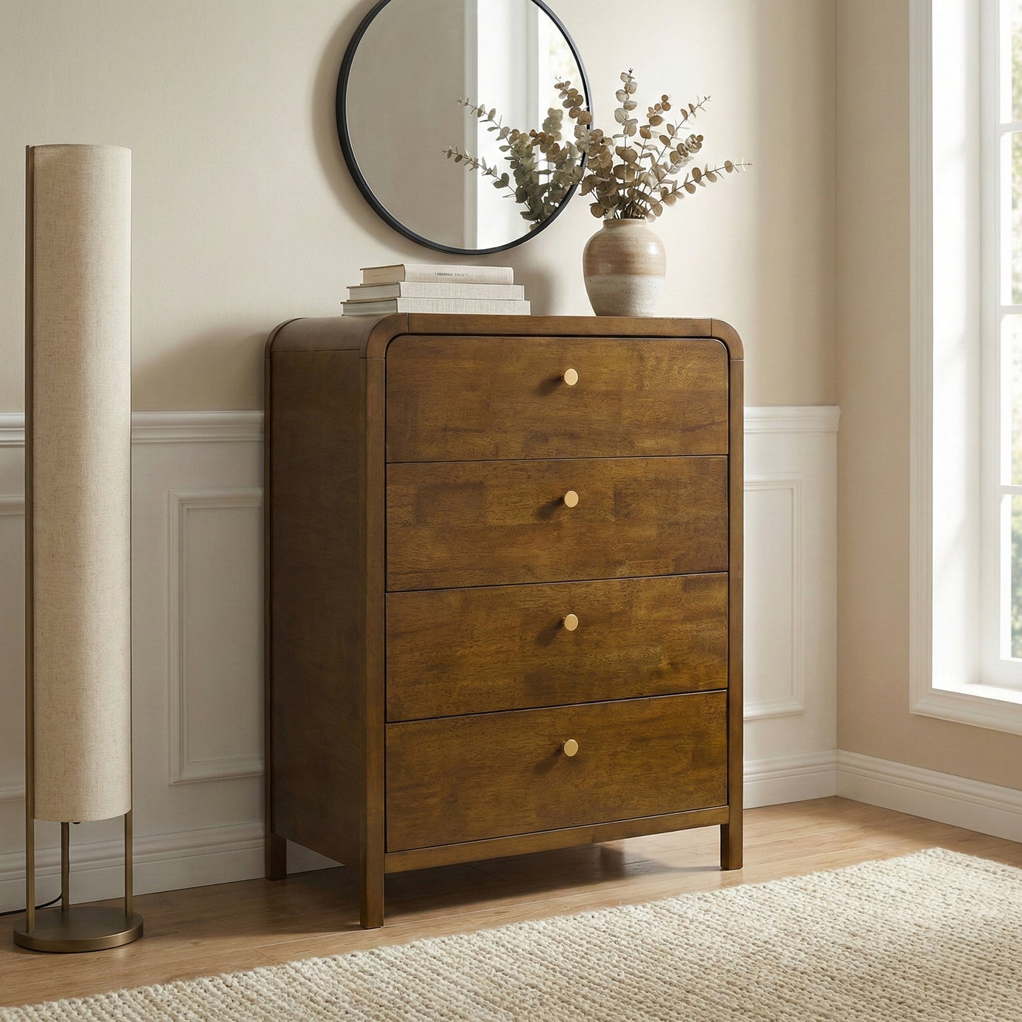 Roundhill Furniture Eldren 4-Drawer Wood Chest with Solid Rubberwood Frame, Walnut Finish