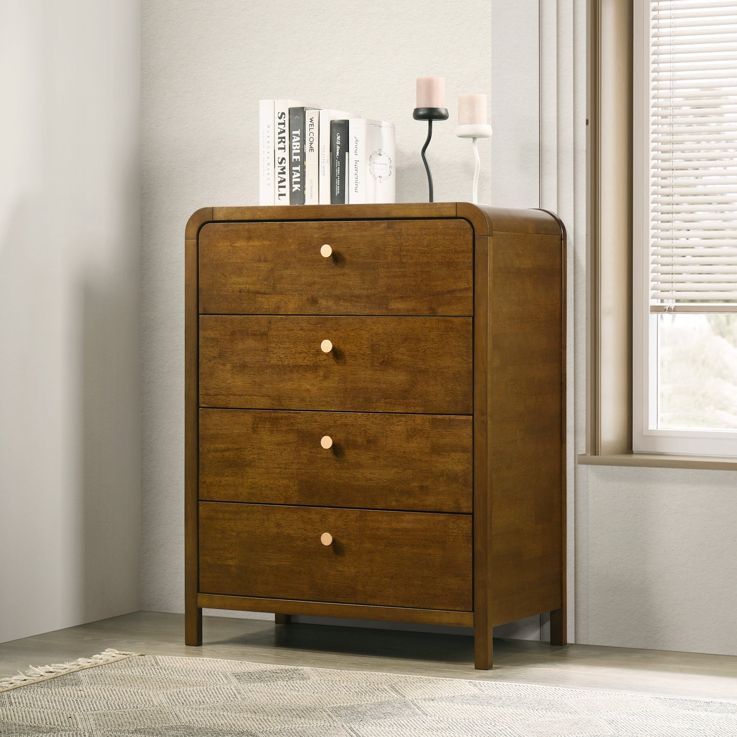 Roundhill Furniture Eldren 4-Drawer Wood Chest with Solid Rubberwood Frame, Walnut Finish