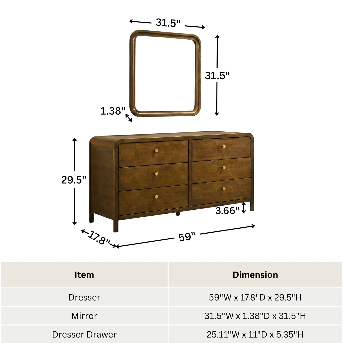 Roundhill Furniture Eldren 6-Drawer Wood Dresser with Mirror, Walnut Finish