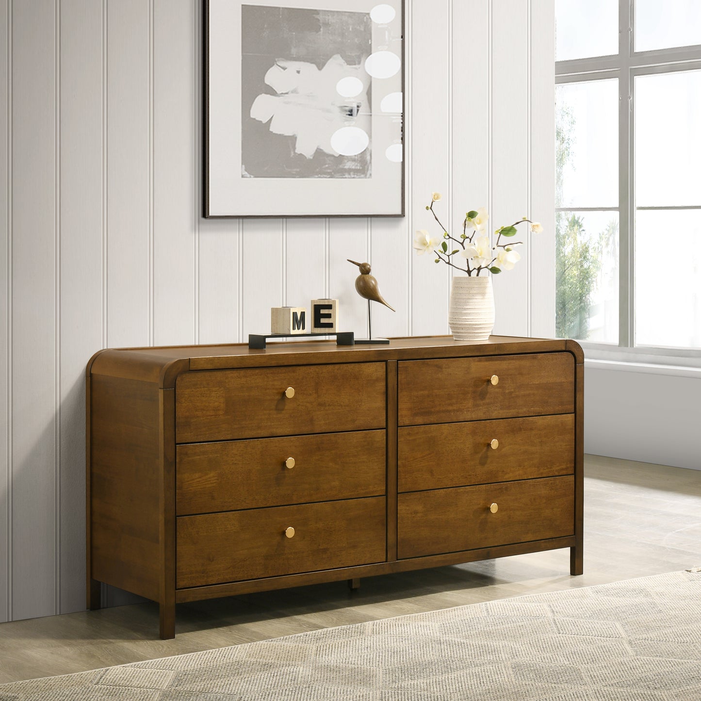 Roundhill Furniture Eldren 6-Drawer Wood Dresser with Solid Rubberwood Frame, Walnut Finish