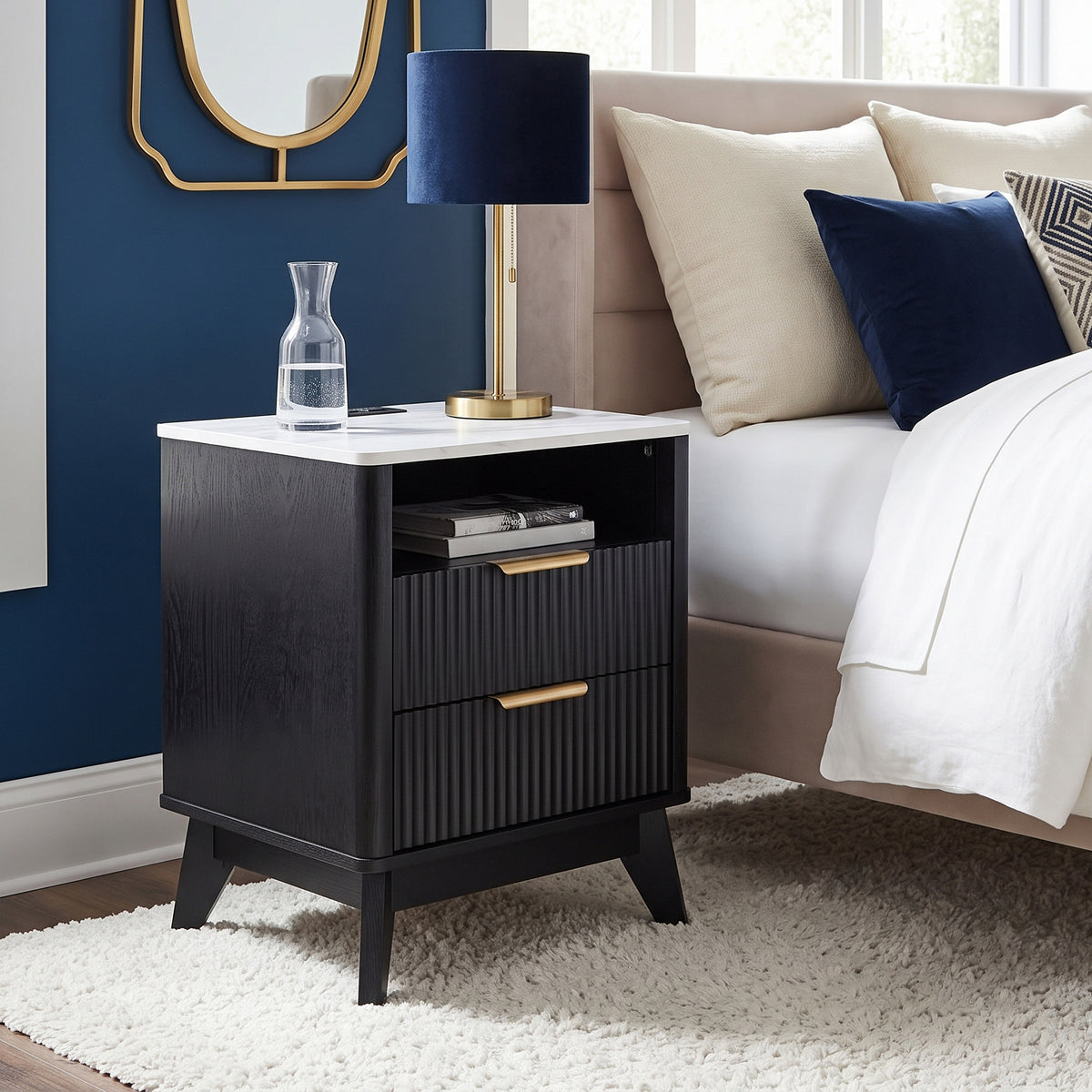 Roundhill Furniture Lyra Mid-Century Modern 2-Drawer Nightstand with Charging Station
