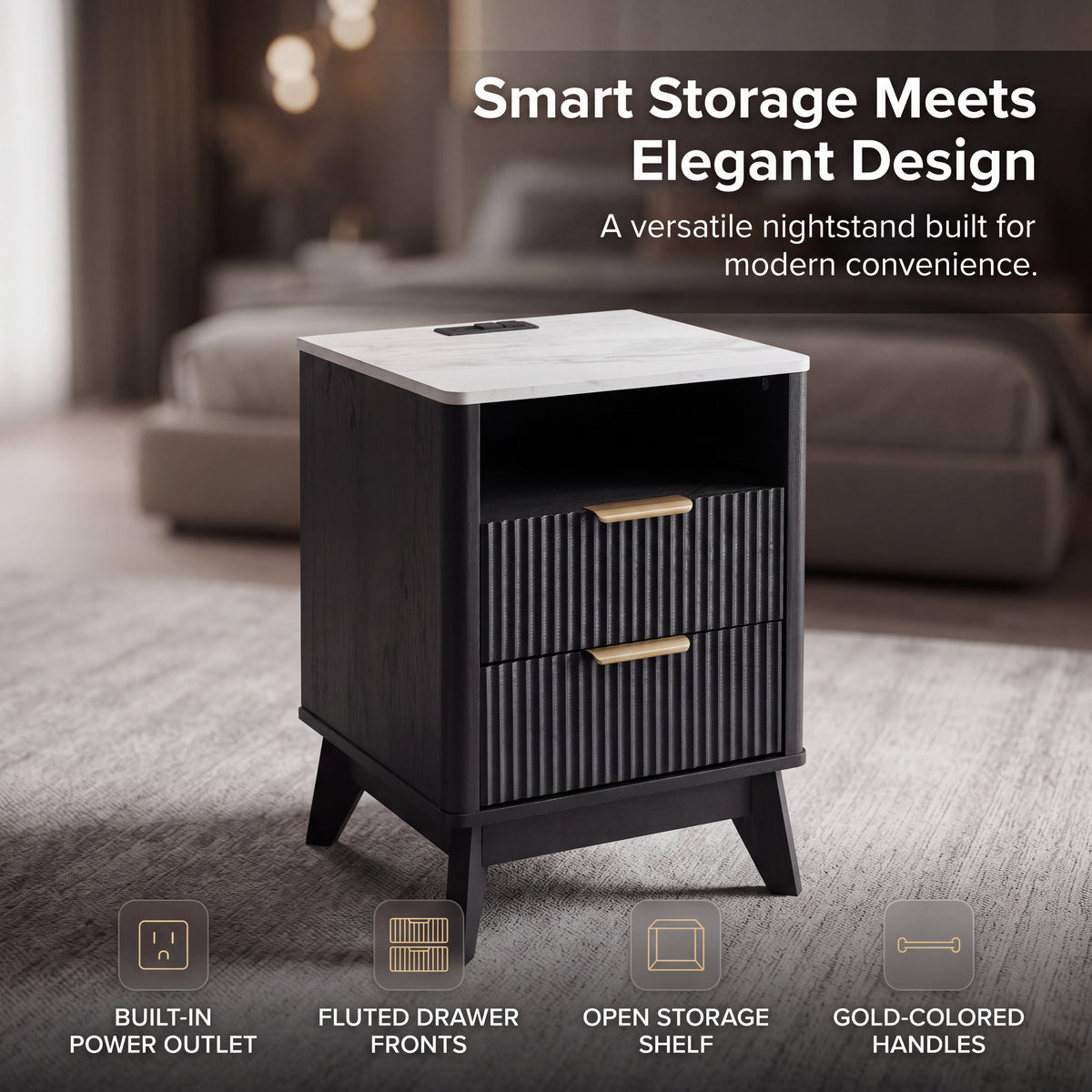 Roundhill Furniture Lyra Mid-Century Modern 2-Drawer Nightstand with Charging Station