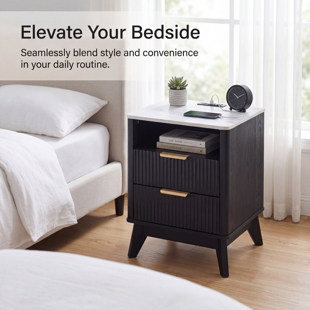 Roundhill Furniture Lyra Mid-Century Modern 2-Drawer Nightstand with Charging Station