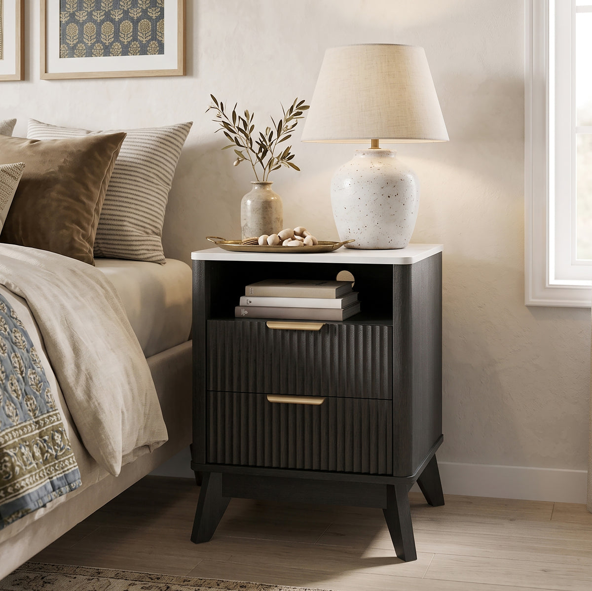 Roundhill Furniture Lyra Mid-Century Modern 2-Drawer Nightstand with Charging Station