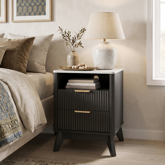 Roundhill Furniture Lyra Mid-Century Modern 2-Drawer Nightstand with Charging Station