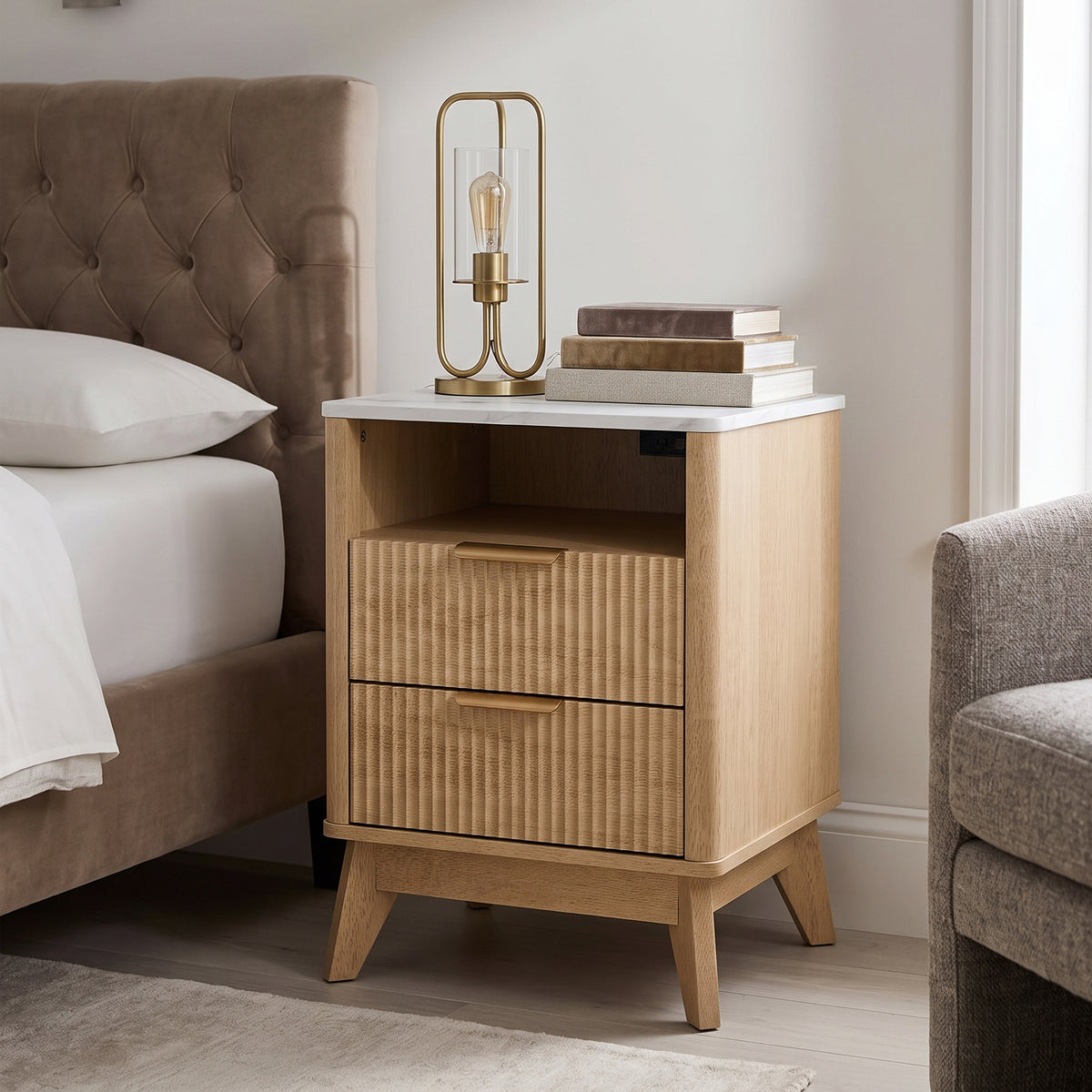 Roundhill Furniture Lyra Mid-Century Modern 2-Drawer Nightstand with Charging Station