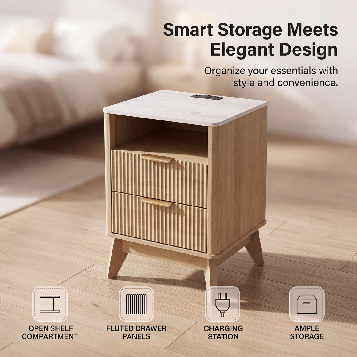 Roundhill Furniture Lyra Mid-Century Modern 2-Drawer Nightstand with Charging Station