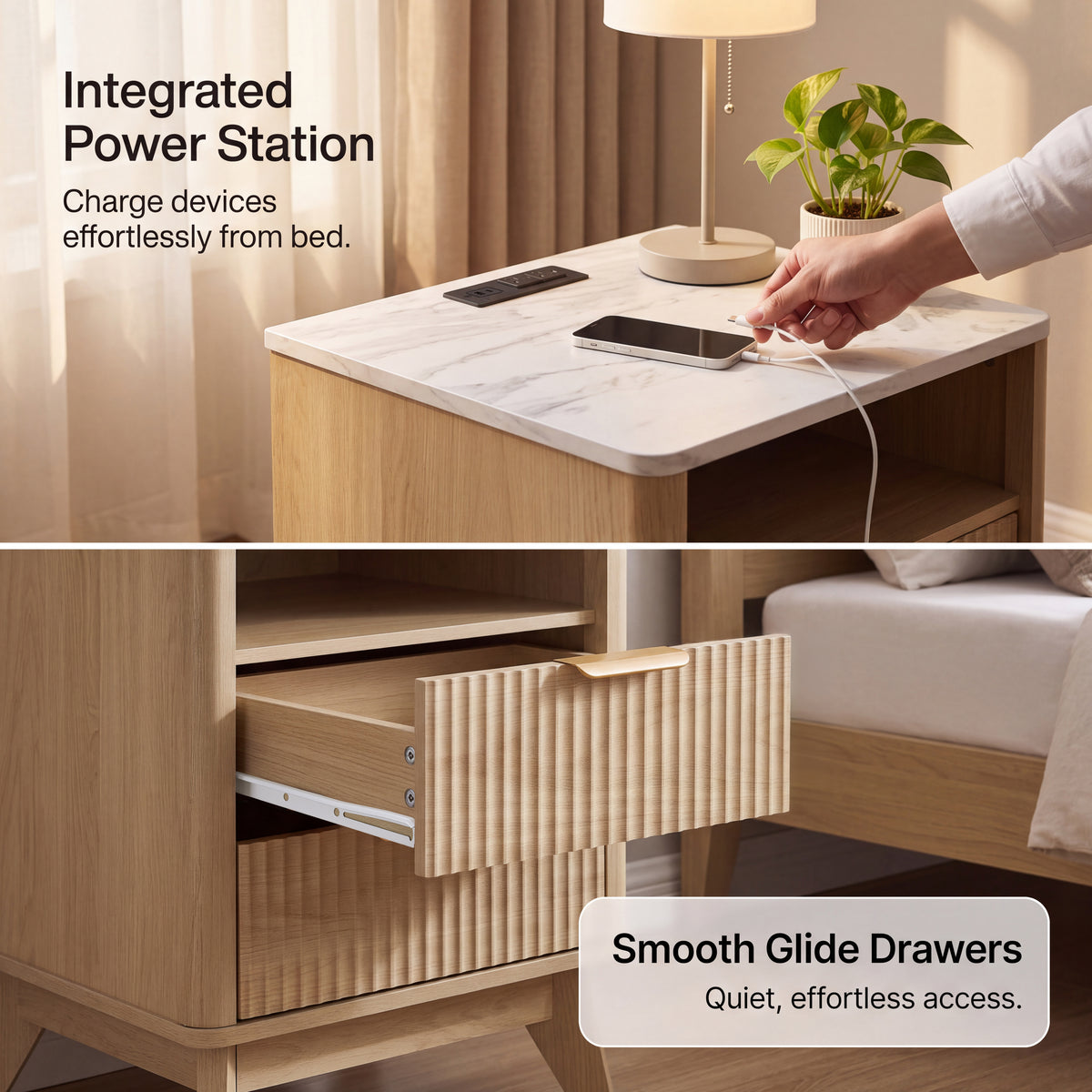 Roundhill Furniture Lyra Mid-Century Modern 2-Drawer Nightstand with Charging Station