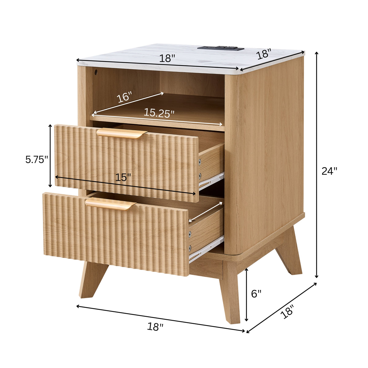 Roundhill Furniture Lyra Mid-Century Modern 2-Drawer Nightstand with Charging Station