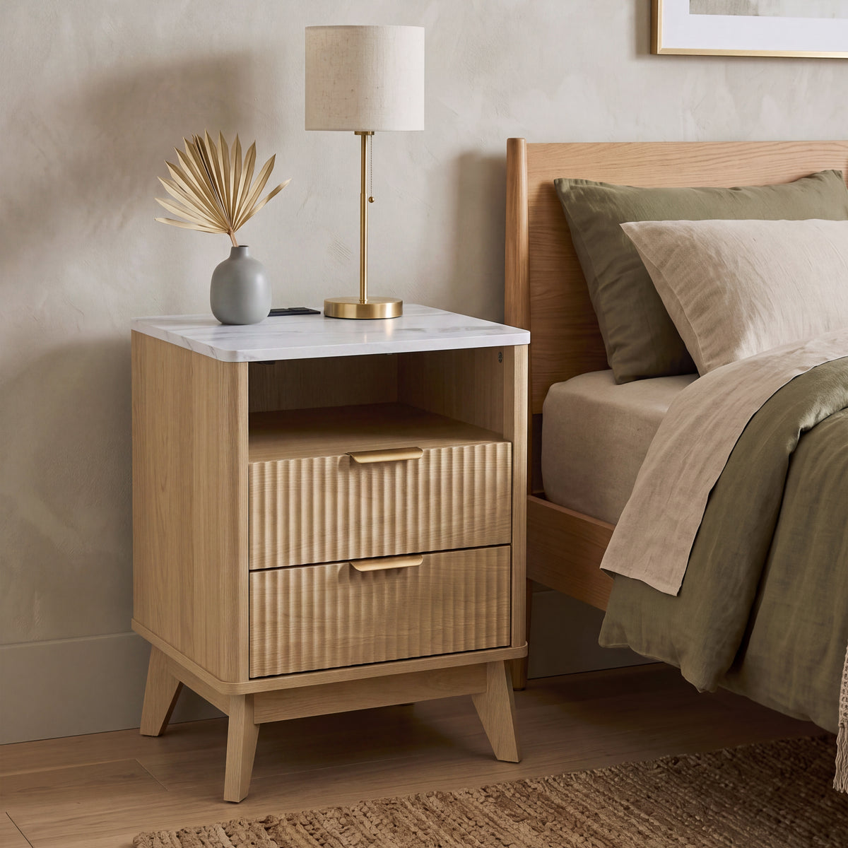Roundhill Furniture Lyra Mid-Century Modern 2-Drawer Nightstand with Charging Station