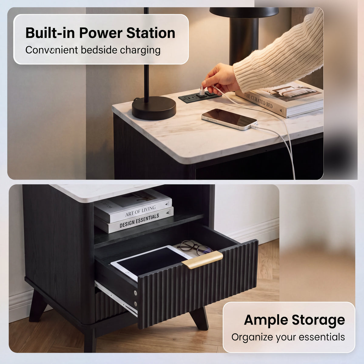 Roundhill Furniture Lyra Mid-Century Modern 2-Drawer Nightstands with Charging Station, Set of 2