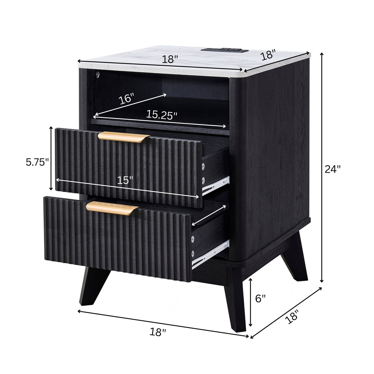Roundhill Furniture Lyra Mid-Century Modern 2-Drawer Nightstands with Charging Station, Set of 2