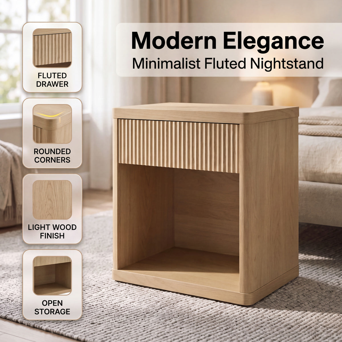 Roundhill Furniture Aria Modern Fluted Nightstands, Side Tables, Set of 2
