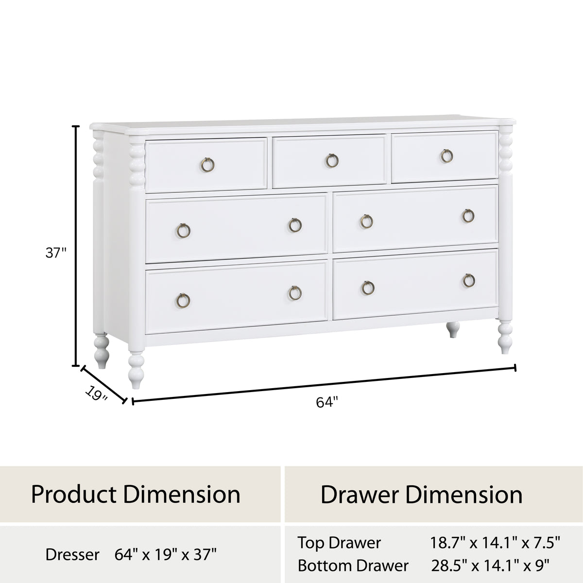 Roundhill Furniture Avellune 7-Drawer Dresser, White Finish