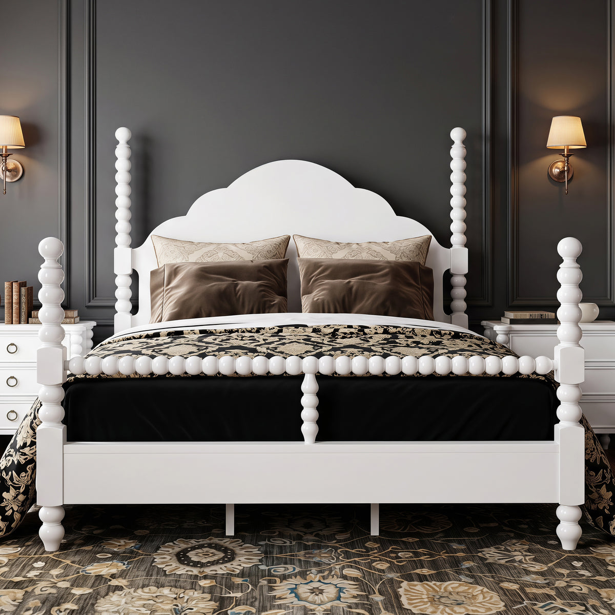 Roundhill Furniture Avellune Wood Poster Bed with  3 Interchangeable Post Heights, Scalloped Headboard, White Finish