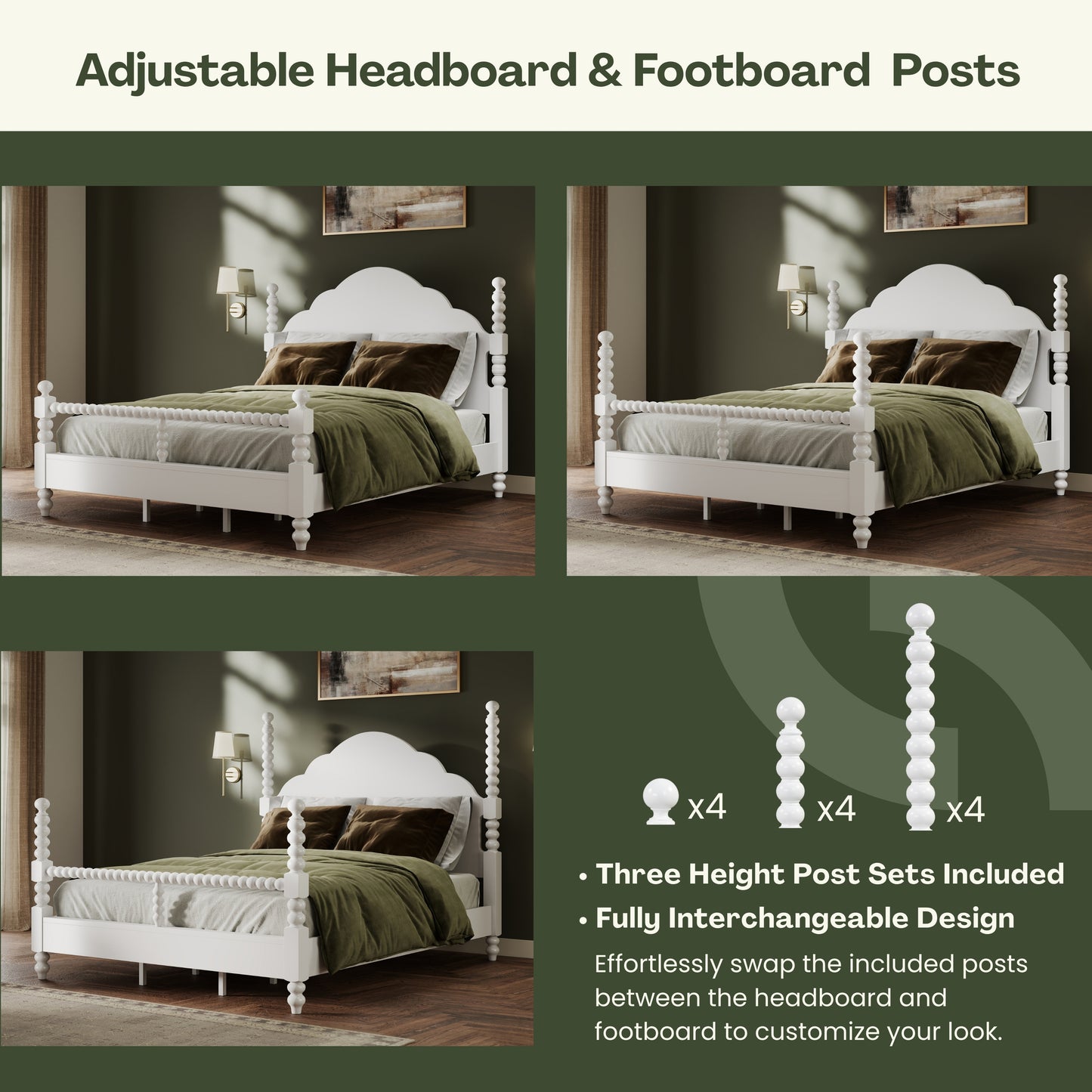 Roundhill Furniture Avellune Wood Poster Bed with  3 Interchangeable Post Heights, Scalloped Headboard, White Finish