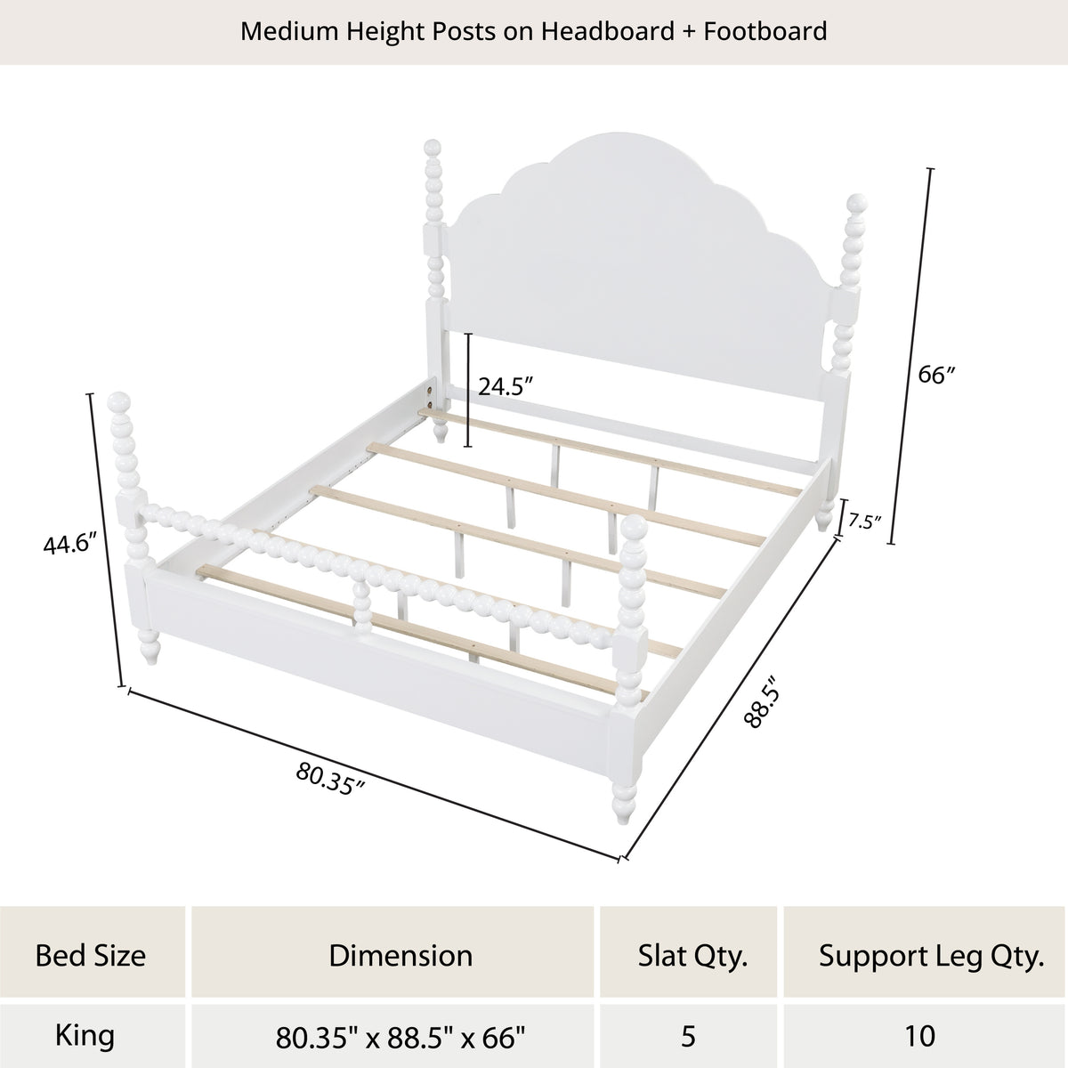 Roundhill Furniture Avellune Wood Poster Bed with  3 Interchangeable Post Heights, Scalloped Headboard, White Finish