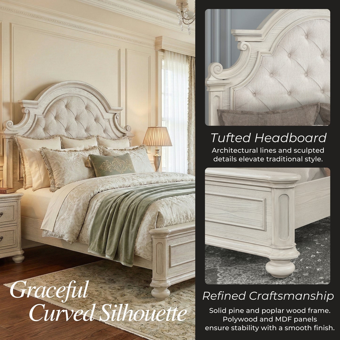 Roundhill Furniture Nelson French Traditional Tufted Upholstery Bed, Antique White