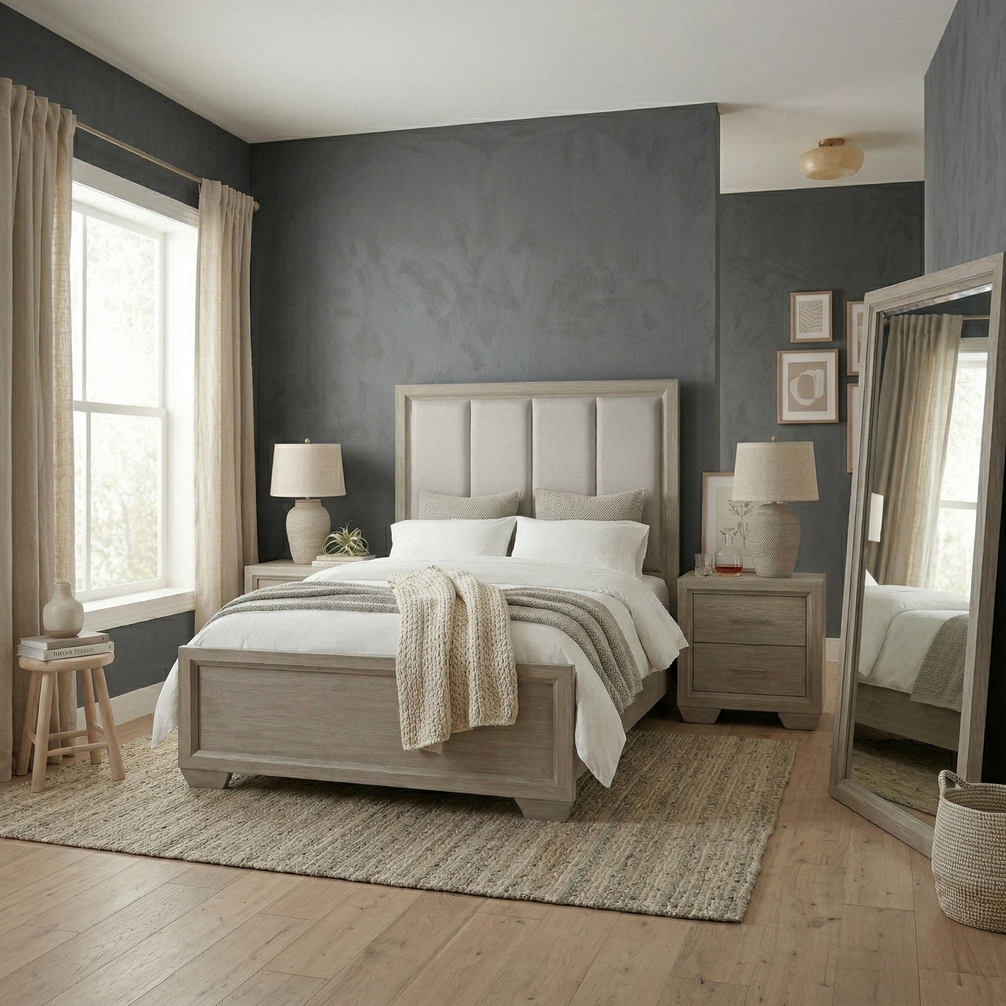 Ennesley Wood Upholstered Panel Bed Frame, Gray