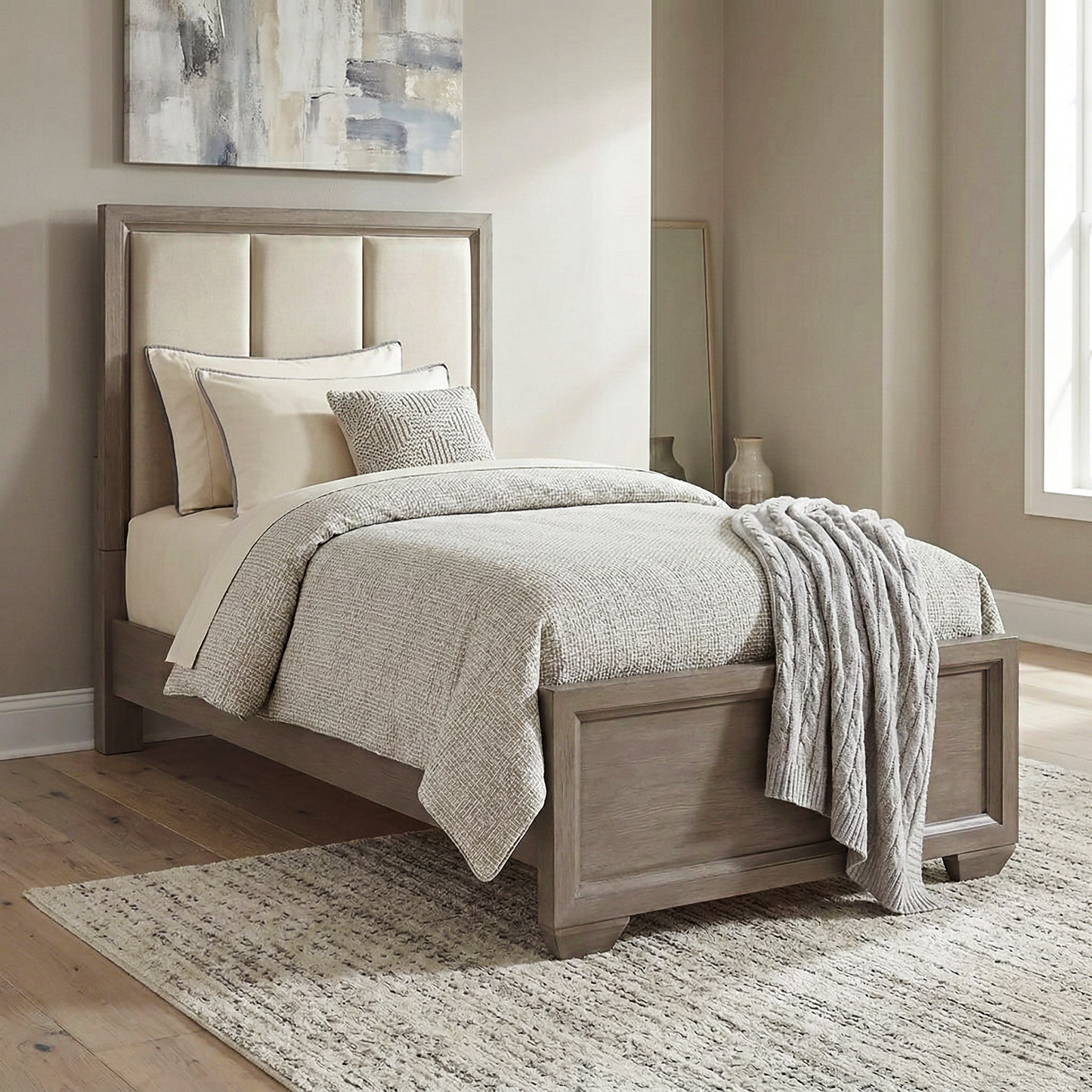 Ennesley Wood Upholstered Panel Bed Frame, Gray