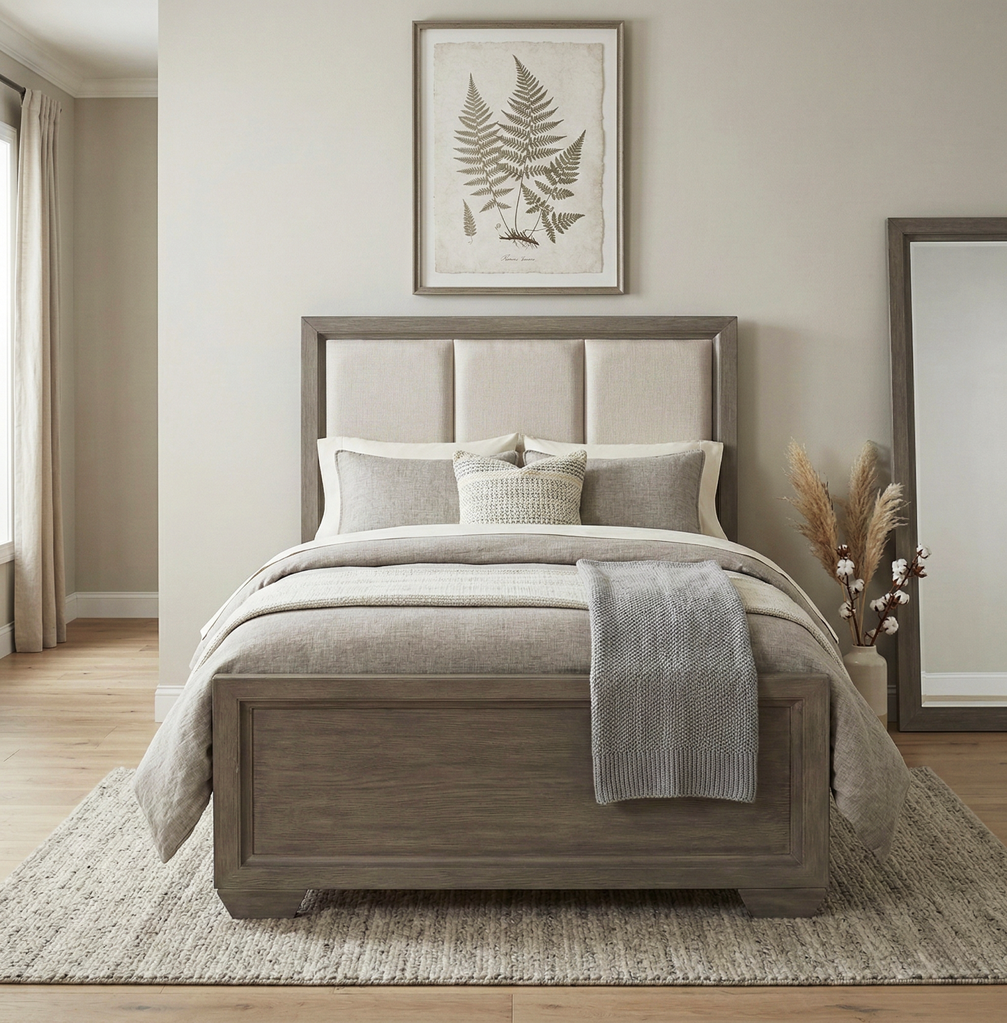 Ennesley Wood Upholstered Panel Bed Frame, Gray