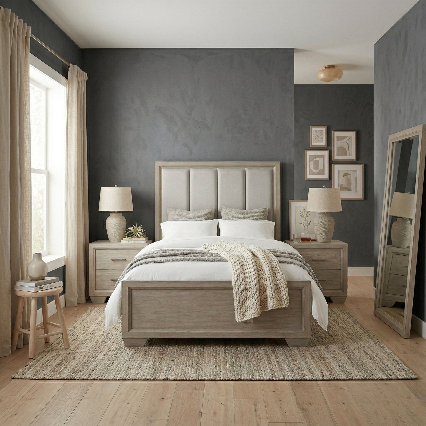 Ennesley Wood Upholstered Panel Bed Frame, Gray