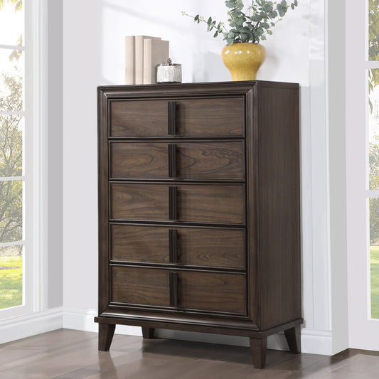 Aetheria Contemporary Wood 5-Drawer Chest in Dark Brown
