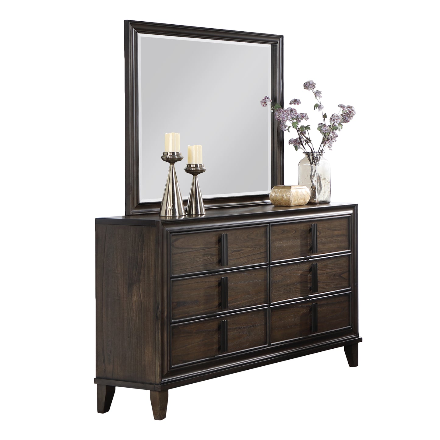 Aetheria Contemporary Wood 6 -Drawer Dresser with Mirror in Dark Brown