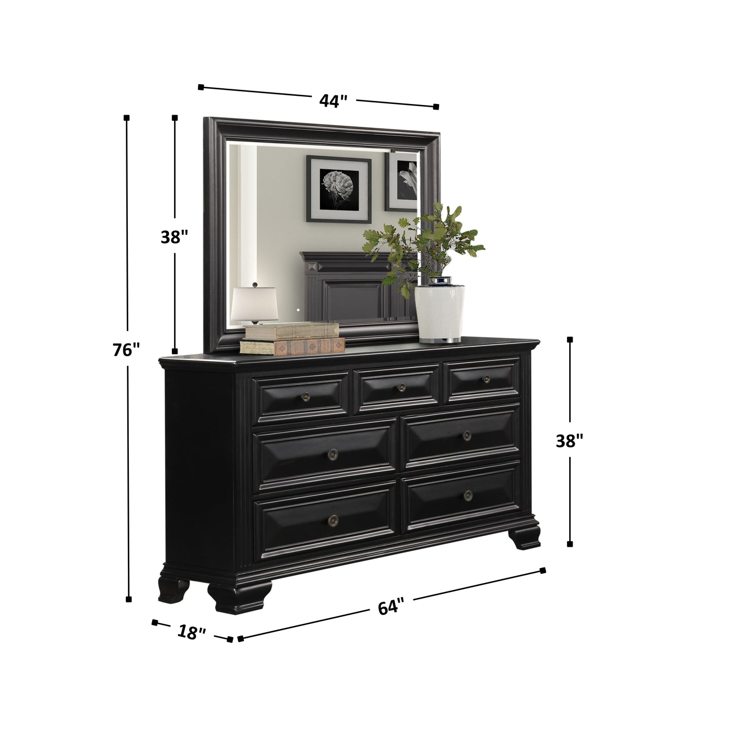 Renova Vintage Black 7-Drawer Dresser with Mirror Roundhill Furniture Renova Vintage Black 7-Drawer Dresser with Mirror Roundhill Furniture