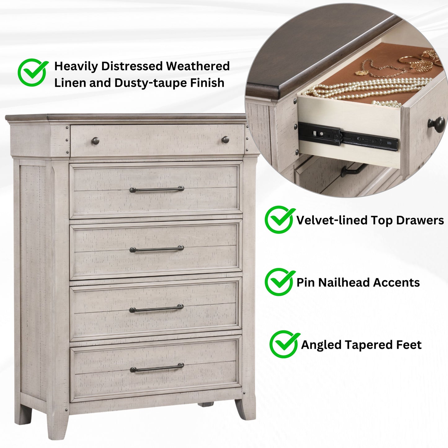 Walcott 5-Drawer Bedroom Chest, Weathered Dusty-taupe Finish