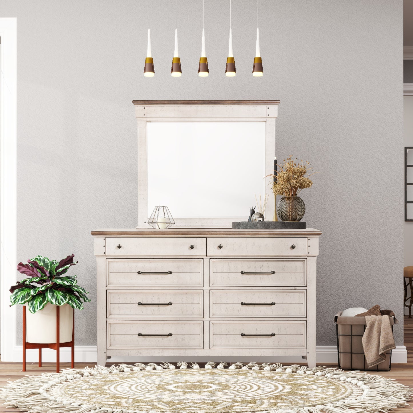 Walcott 8-Drawer Bedroom Dresser with Mirror, Weathered Dusty-taupe Finish