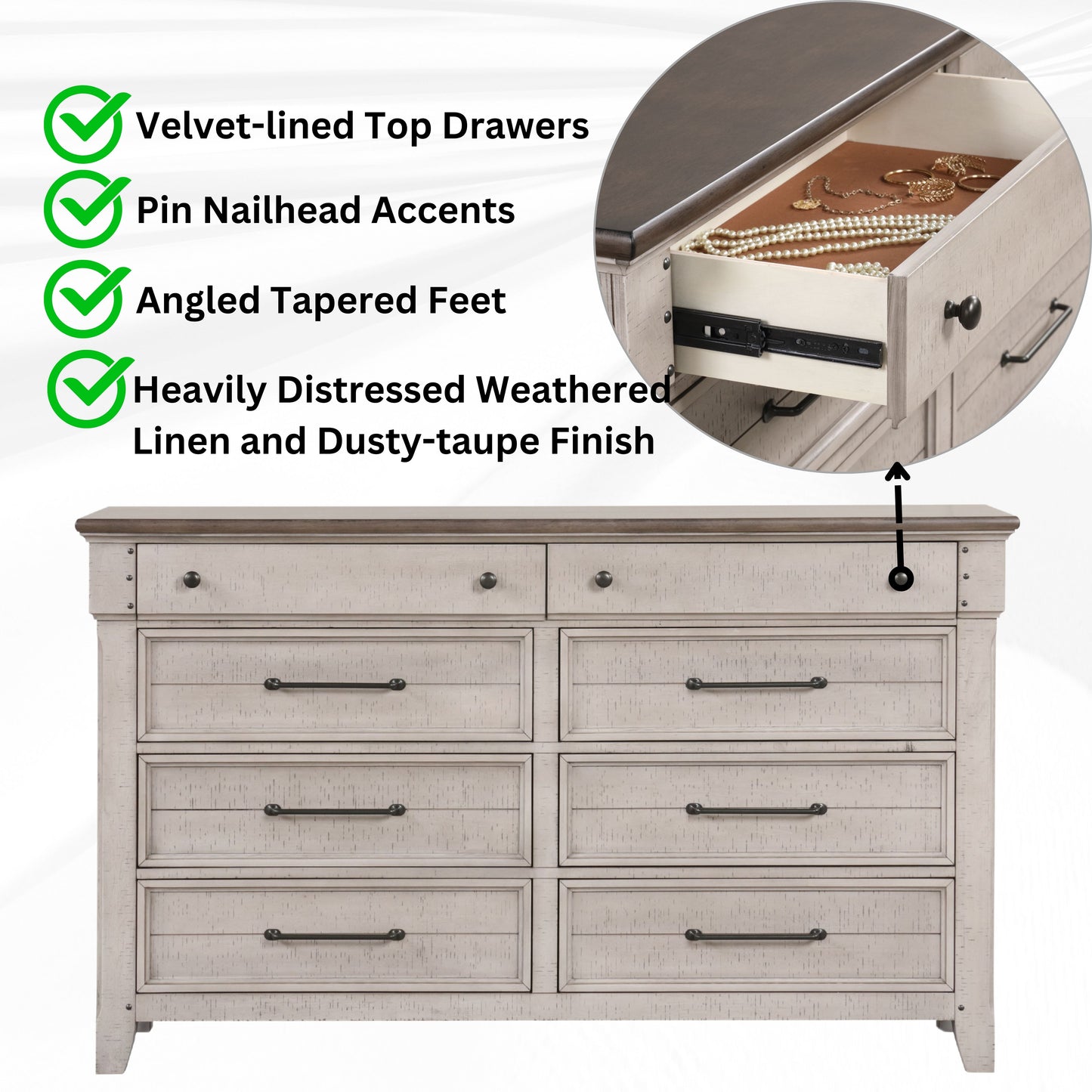 Walcott 8-Drawer Bedroom Dresser with Mirror, Weathered Dusty-taupe Finish