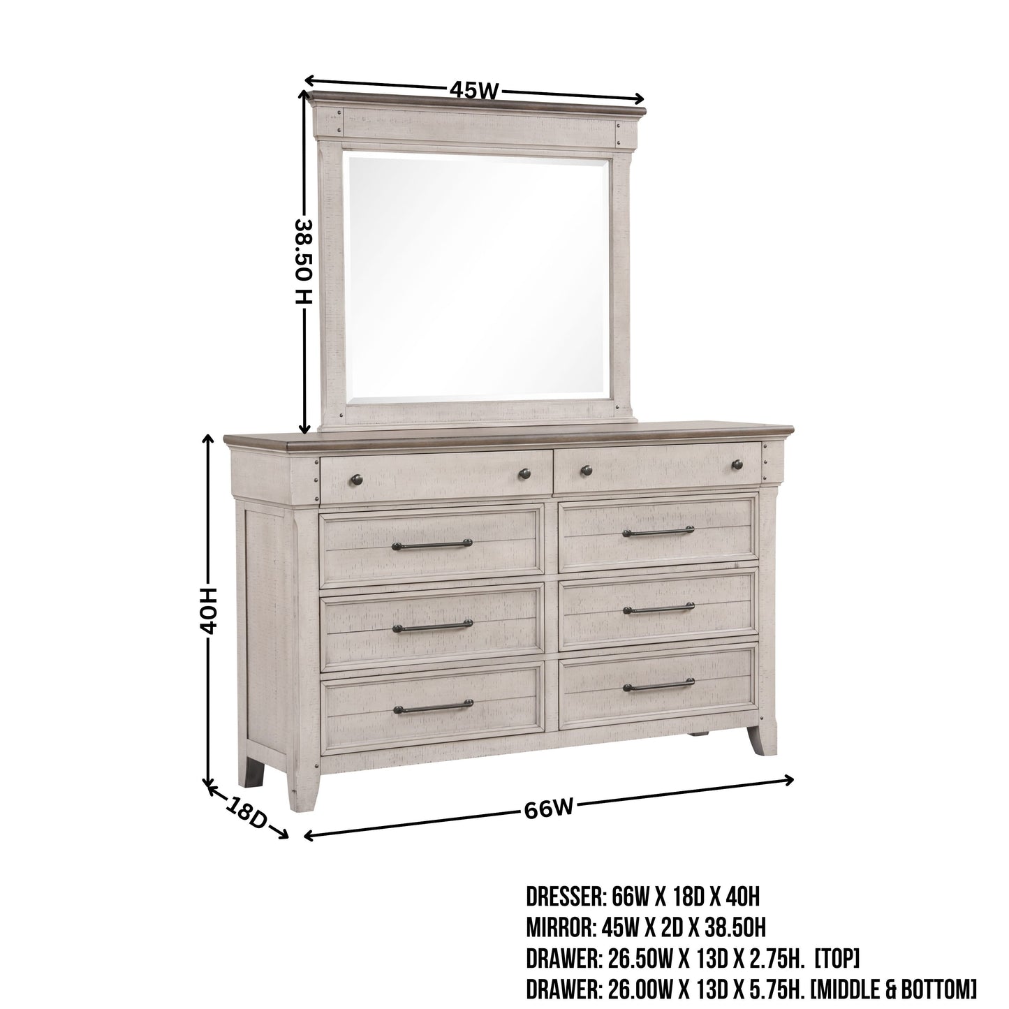 Walcott 8-Drawer Bedroom Dresser with Mirror, Weathered Dusty-taupe Finish