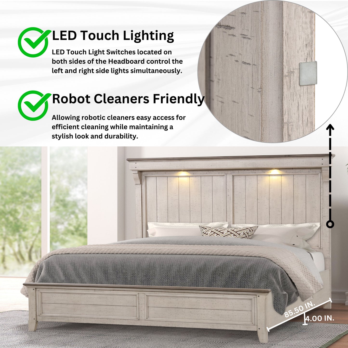 Walcott Touch LED Lighting Panel Bed, Weathered Dusty-taupe Finish